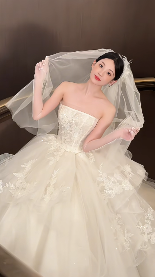 Dreamy Ball Gown Strapless White Tulle Lace With Gloves Veil Long Wedding Dresses