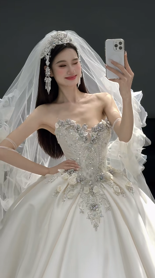 Timeless Ball Gown Strapless Satin Sequin Beads With Veil Long Wedding Dresses