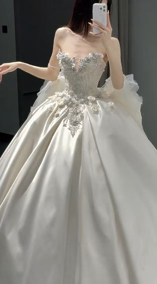 Timeless Ball Gown Strapless Satin Sequin Beads With Veil Long Wedding Dresses