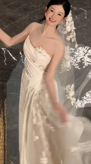 Timeless A Line One Shoulder Strap Satin Tulle Applique With Veil Long Wedding Dresses