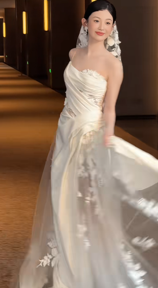 Timeless A Line One Shoulder Strap Satin Tulle Applique With Veil Long Wedding Dresses