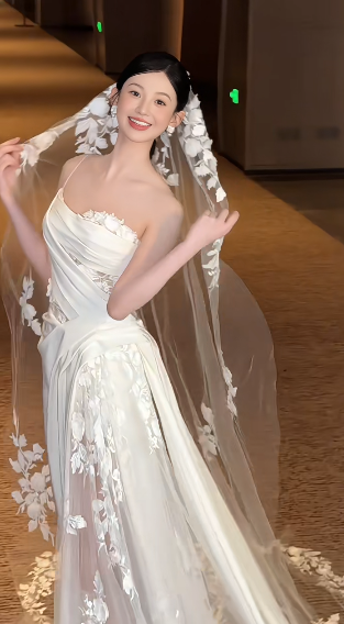Timeless A Line One Shoulder Strap Satin Tulle Applique With Veil Long Wedding Dresses