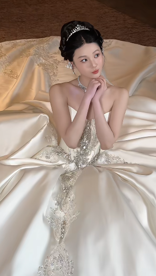 Gorgeous Ball Gown Strapless Satin Sequin Beads With Veil Long Wedding Dresses