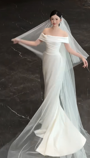 Elegant Mermaid Off The Shoulder Satin With Veil Long Wedding Dresses