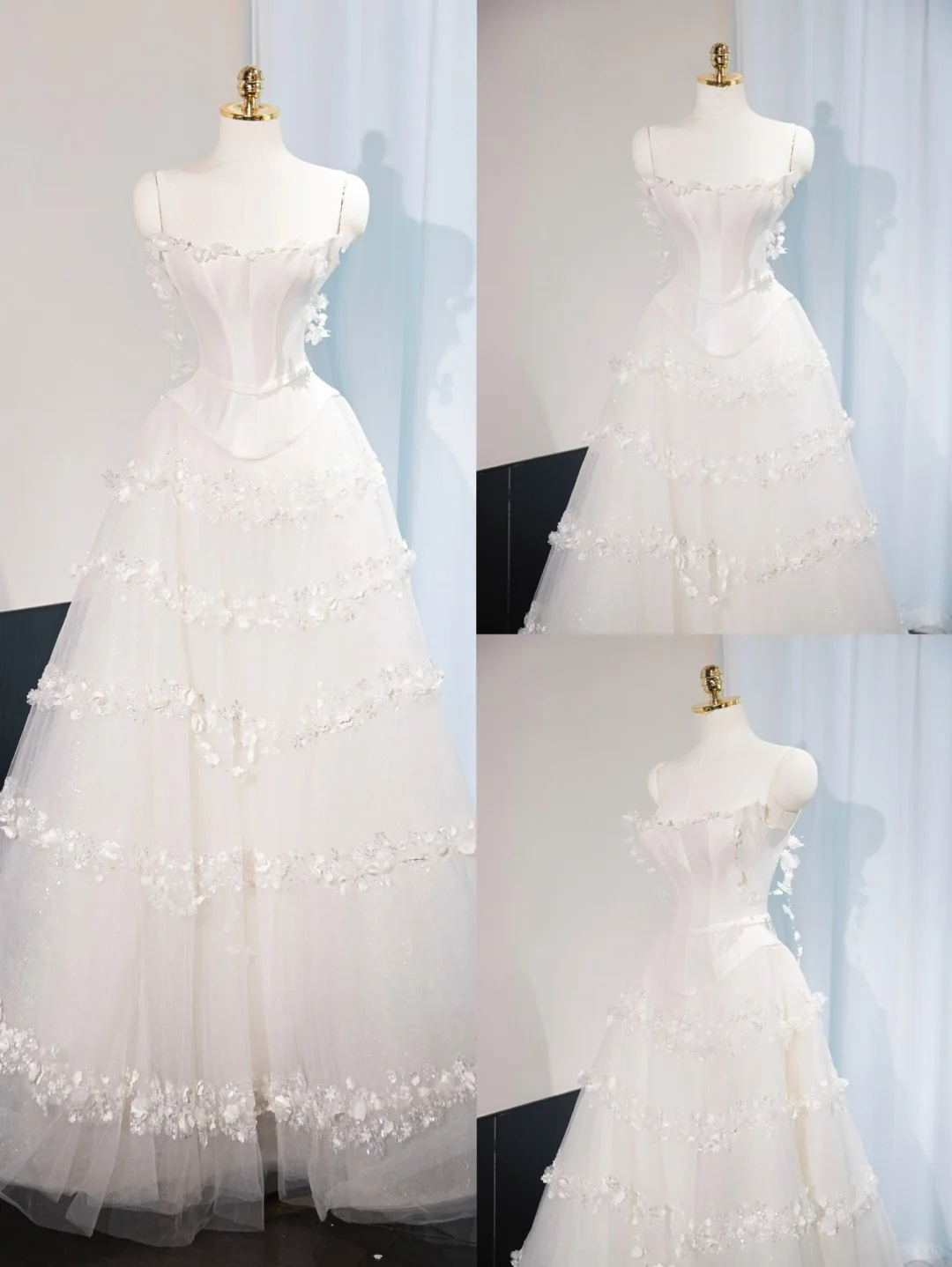 Princess A Line Spaghetti Straps White Satin Tulle Applique Long Wedding Dresses