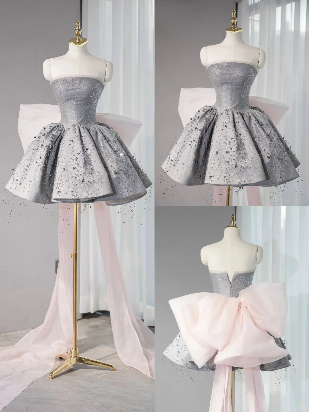 Pretty Gray Ball Gown Strapless Satin Sequin Back With Bow Short Homecoming Dress 16th Birthday Outfits