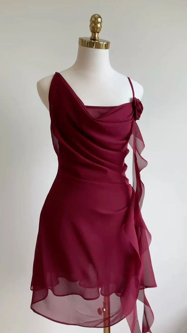 Burgundy A Line Spaghetti Straps Chiffon Ruffles Short Homecoming Dress 18th Birthday Outfits