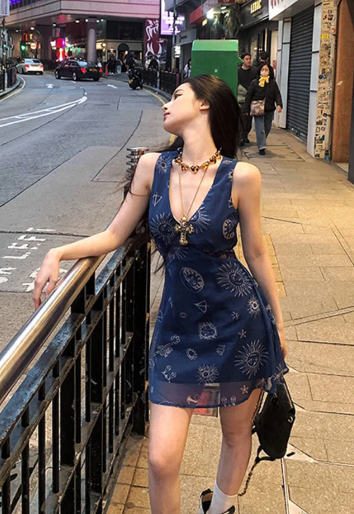 Navy A Line V Neck Satin Chiffon Printed Short Homecoming Dress Birthday Outfits
