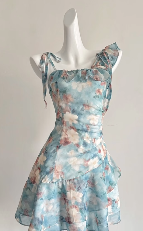 Chic A Line Spaghetti Straps Chiffon Printed Short Homecoming Dress 19th Birthday Outfits