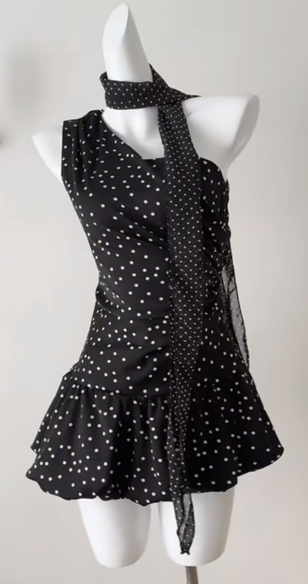 Sweet 16th Black A Line One Shoulder Satin Polka Dots Short Homecoming Dress Birthday Outfits