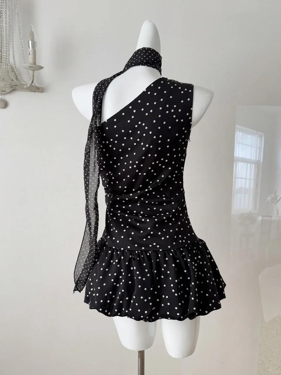Sweet 16th Black A Line One Shoulder Satin Polka Dots Short Homecoming Dress Birthday Outfits