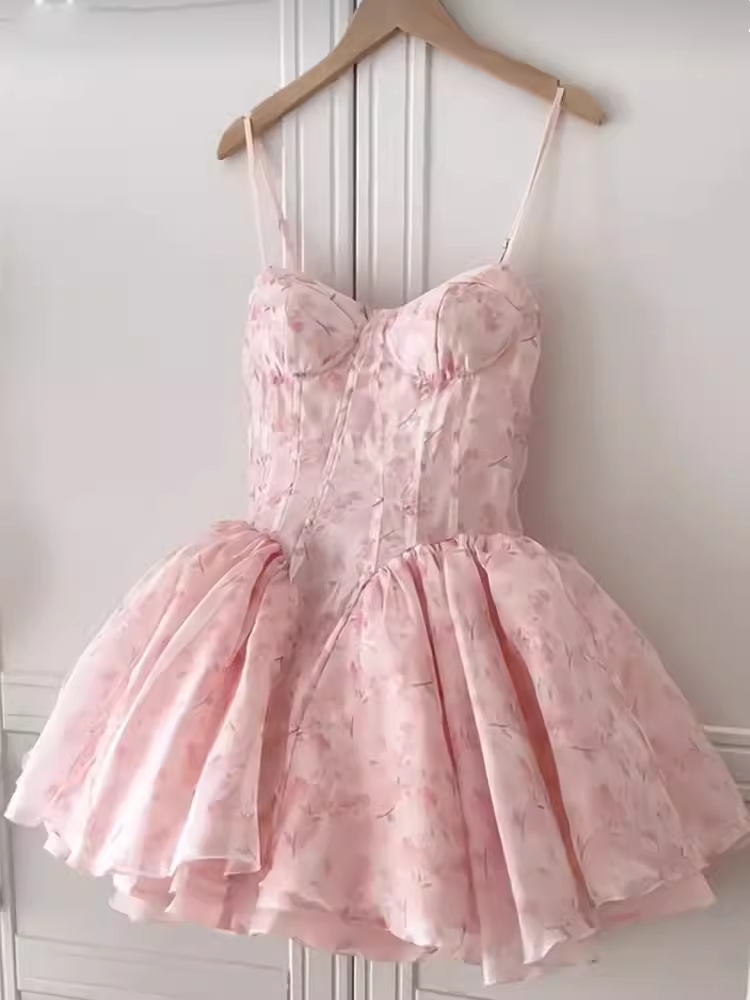Simple A Line Spaghetti Straps Lace Birthday Dress Pink Homecoming Dresses