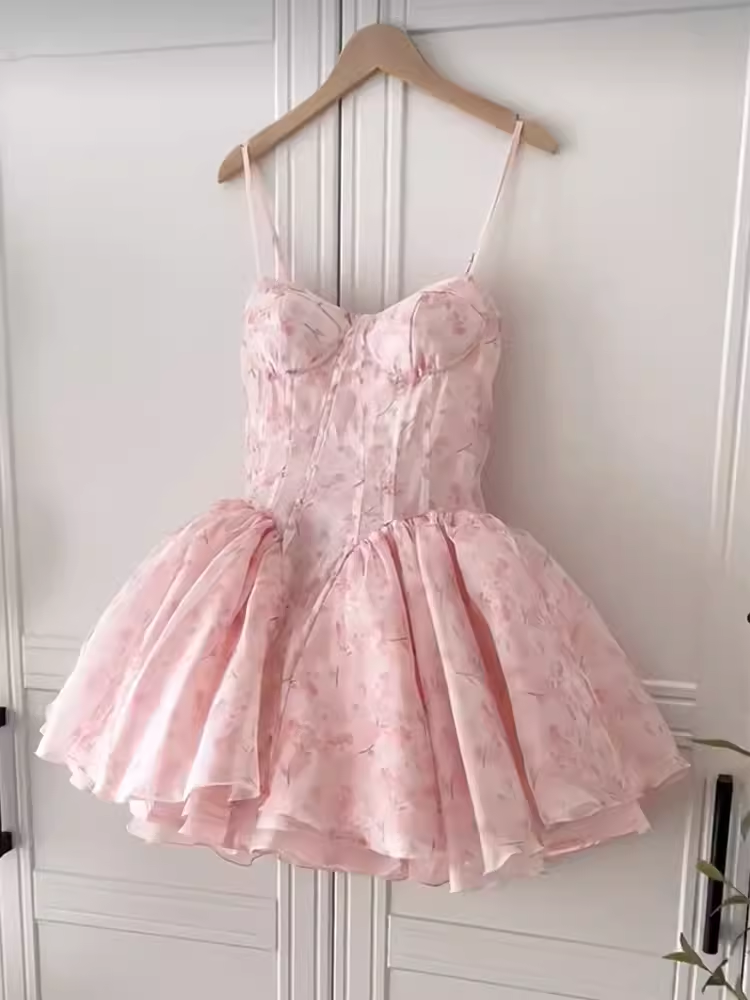 Simple A Line Spaghetti Straps Lace Birthday Dress Pink Homecoming Dresses