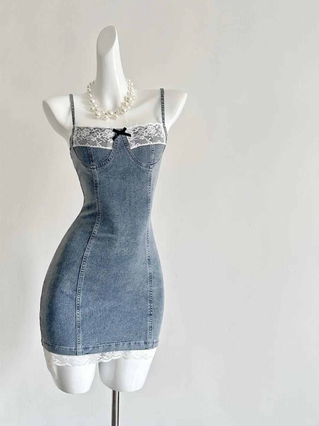 Chic 18th Mermaid Spaghetti Straps Denim Satin Lace Short Homecoming Dress Birthday Outfits