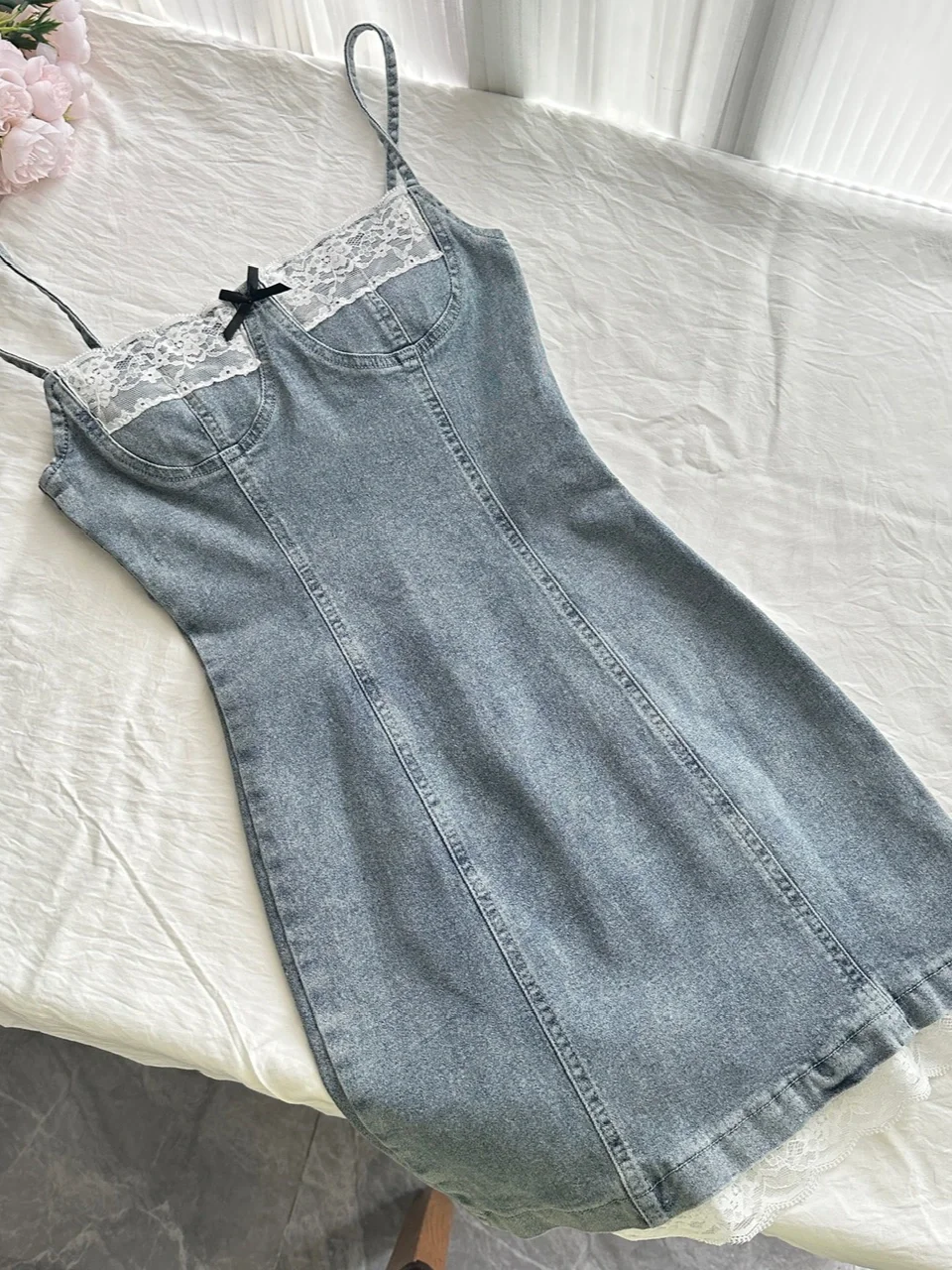 Chic 18th Mermaid Spaghetti Straps Denim Satin Lace Short Homecoming Dress Birthday Outfits
