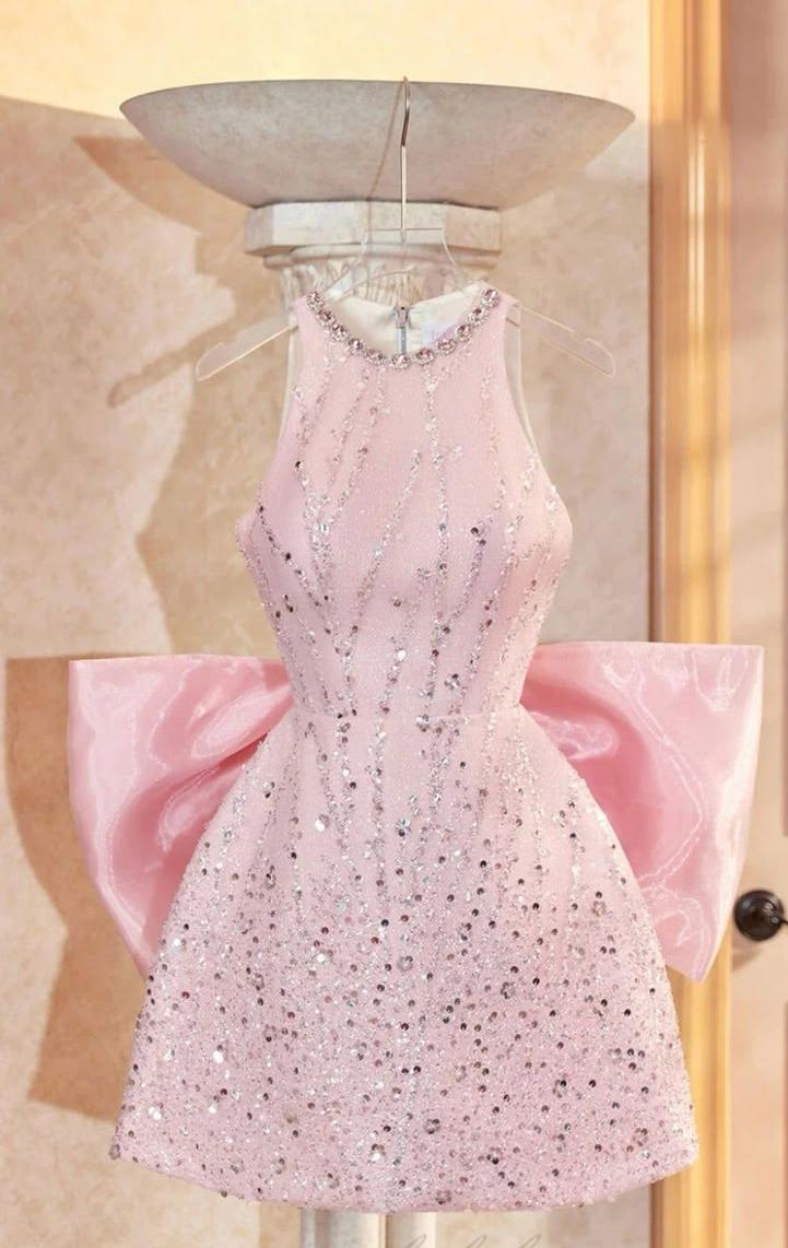 Cute Pink A Line Halter Satin Sequin Short Homecoming Dress Birthday Outfits