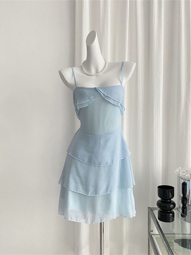 Cute Pale Blue A Line Spaghetti Straps Chiffon Tiered Short Homecoming Dress 17th Birthday Outfits