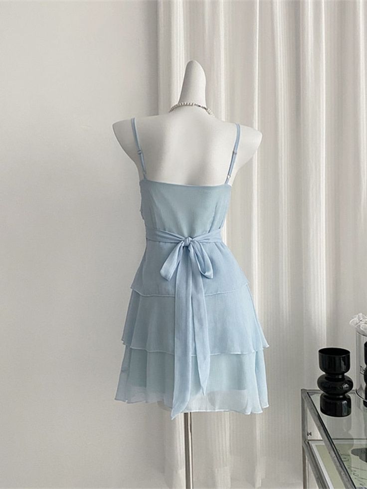 Cute Pale Blue A Line Spaghetti Straps Chiffon Tiered Short Homecoming Dress 17th Birthday Outfits
