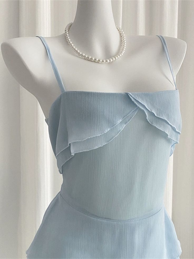 Cute Pale Blue A Line Spaghetti Straps Chiffon Tiered Short Homecoming Dress 17th Birthday Outfits