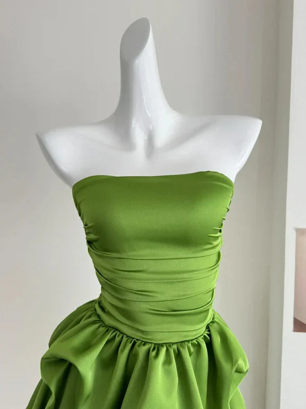 Chic A Line Strapless Green Satin Pleated Short Homecoming Dress 18th Birthday Outfits