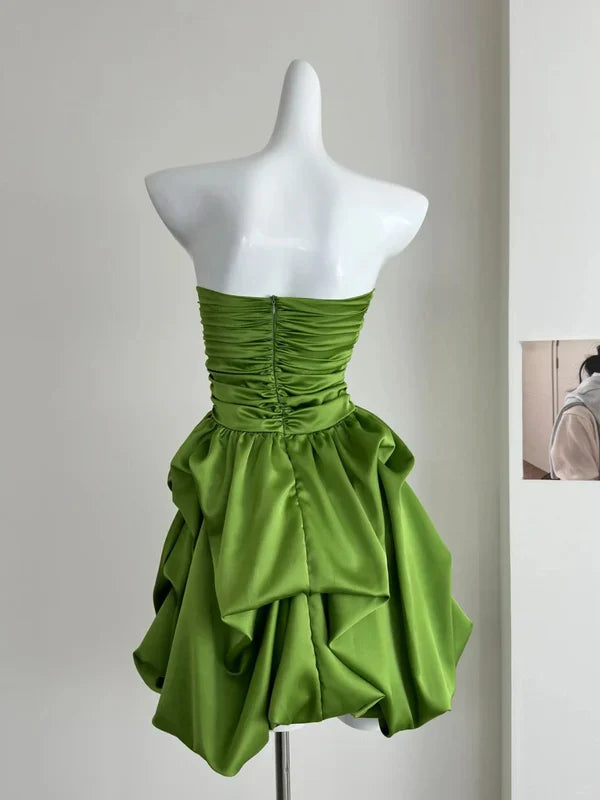 Chic A Line Strapless Green Satin Pleated Short Homecoming Dress 18th Birthday Outfits