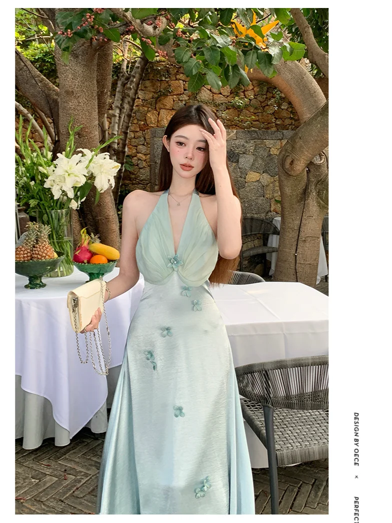 Chic A Line Halter Satin Chiffon Long Prom Dresses Formal Dress