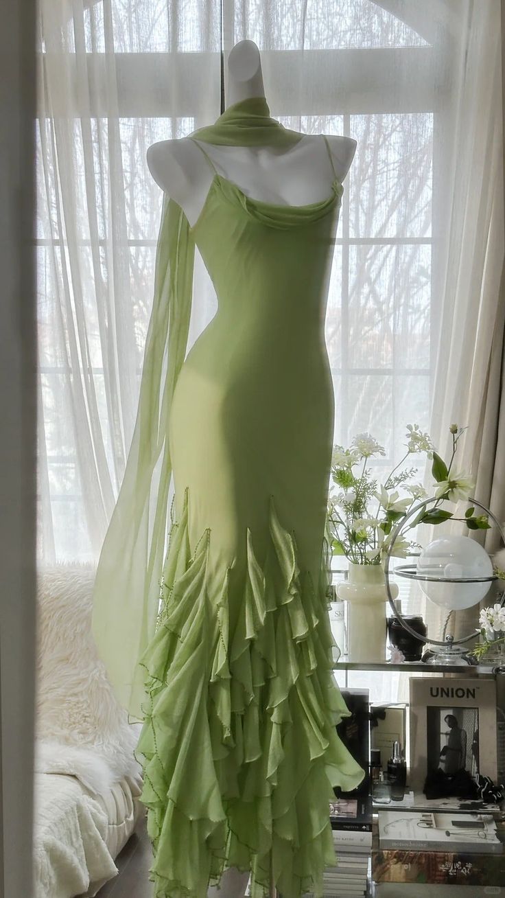 Unique Green Mermaid Spaghetti Straps Chiffon Long Prom Dresses Formal Dress