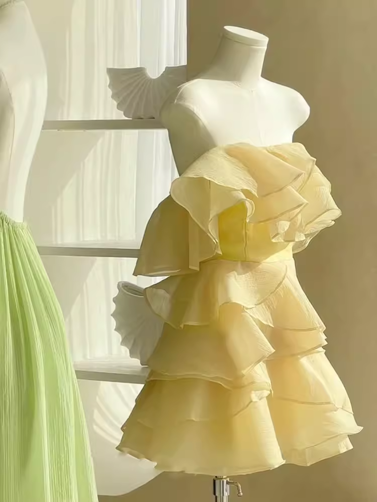 Simple A line Strapless Short Birthday Dress Yellow Homecoming Dresses