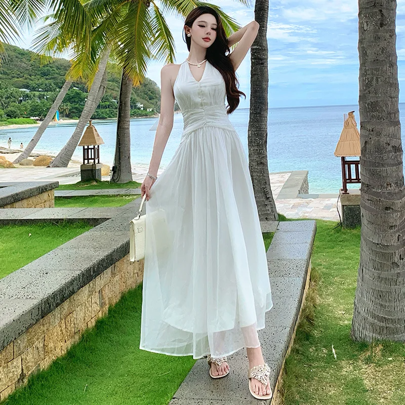 Elegant White A Line Halter Chiffon Long Prom Dresses Formal Dress