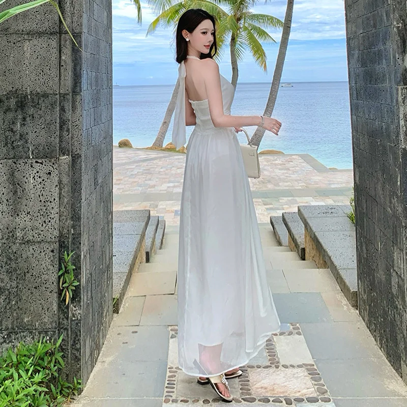 Elegant White A Line Halter Chiffon Long Prom Dresses Formal Dress