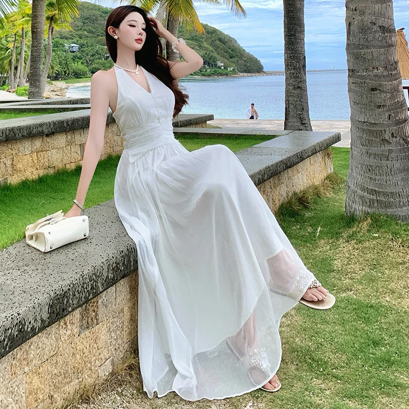 Elegant White A Line Halter Chiffon Long Prom Dresses Formal Dress