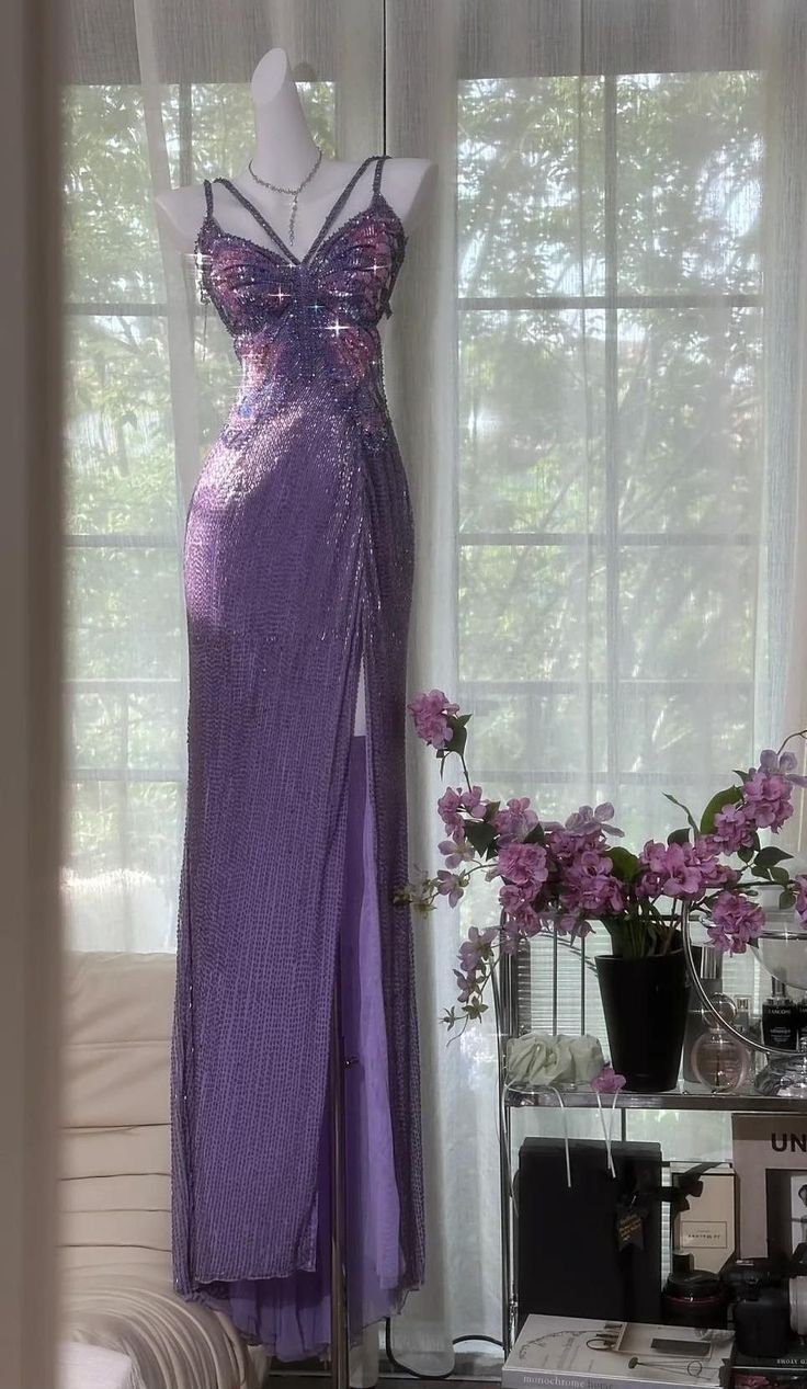 Gorgeous Mermaid Spaghetti Straps Purple Satin Sequin Long Prom Dresses Formal Dress