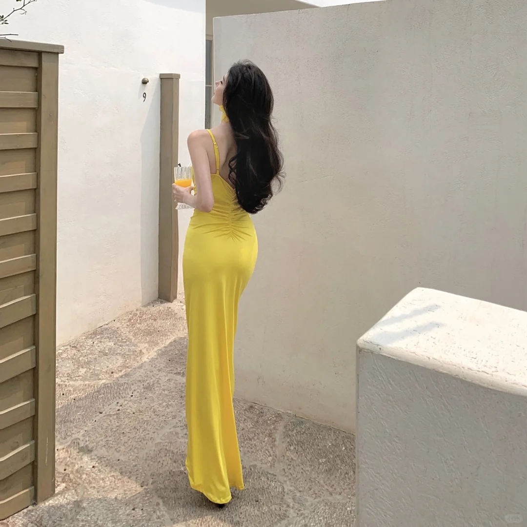 Yellow Mermaid Spaghetti Straps Satin Long Prom Dresses Formal Dress