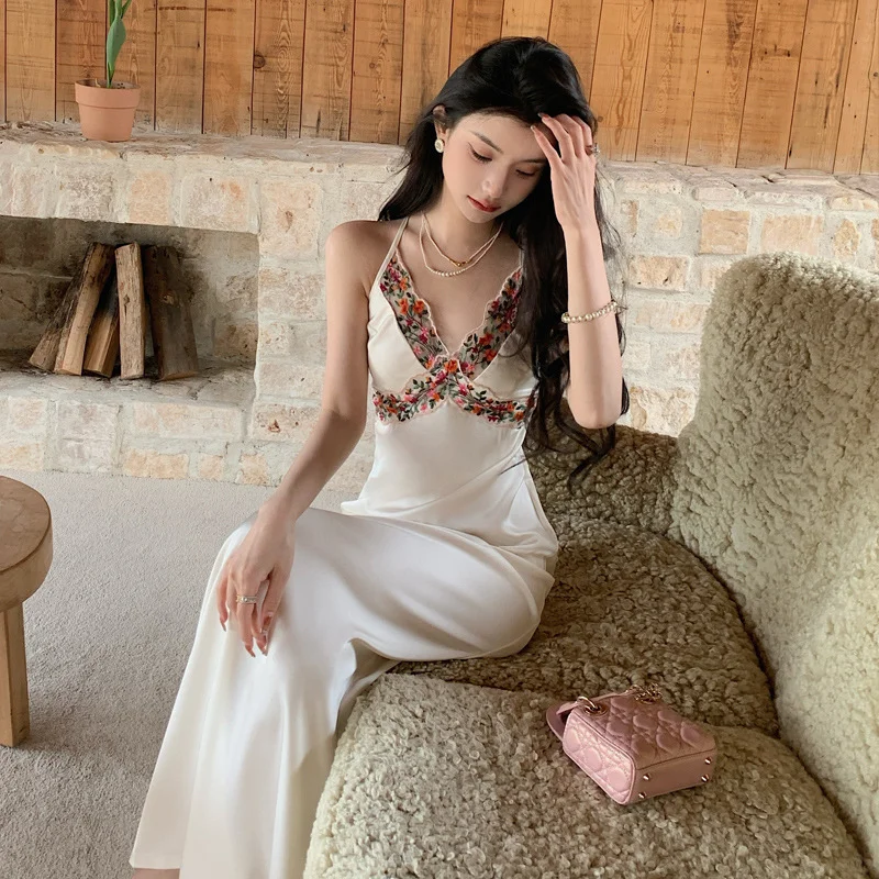 Charming Mermaid Spaghetti Straps Satin Flower Lace Long Prom Dresses Formal Dress