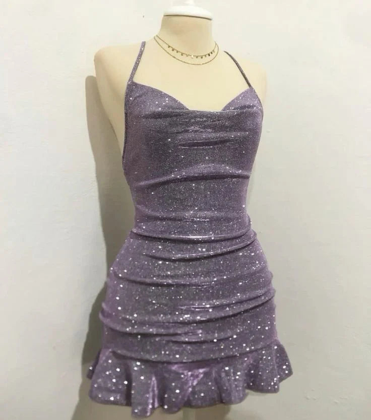 Sparkly Mermaid Halter Satin Sequin Short Homecoming Dress 19th Birthday Outfits