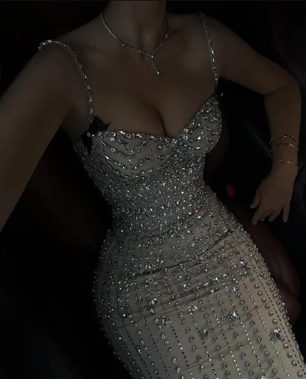 Gorgeous Mermaid Spaghetti Straps Satin Beads Long Prom Dresses Formal Dress