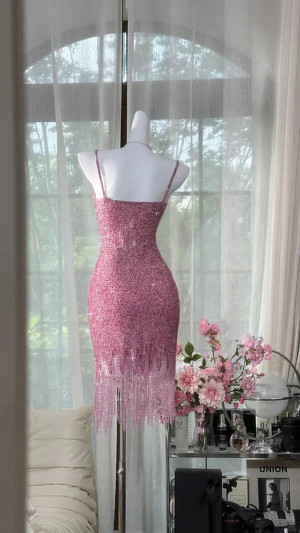 Sparkly Pink Mermaid Spaghetti Straps Sequin Tassel Short Homecoming Dress 19th Birthday Outfits