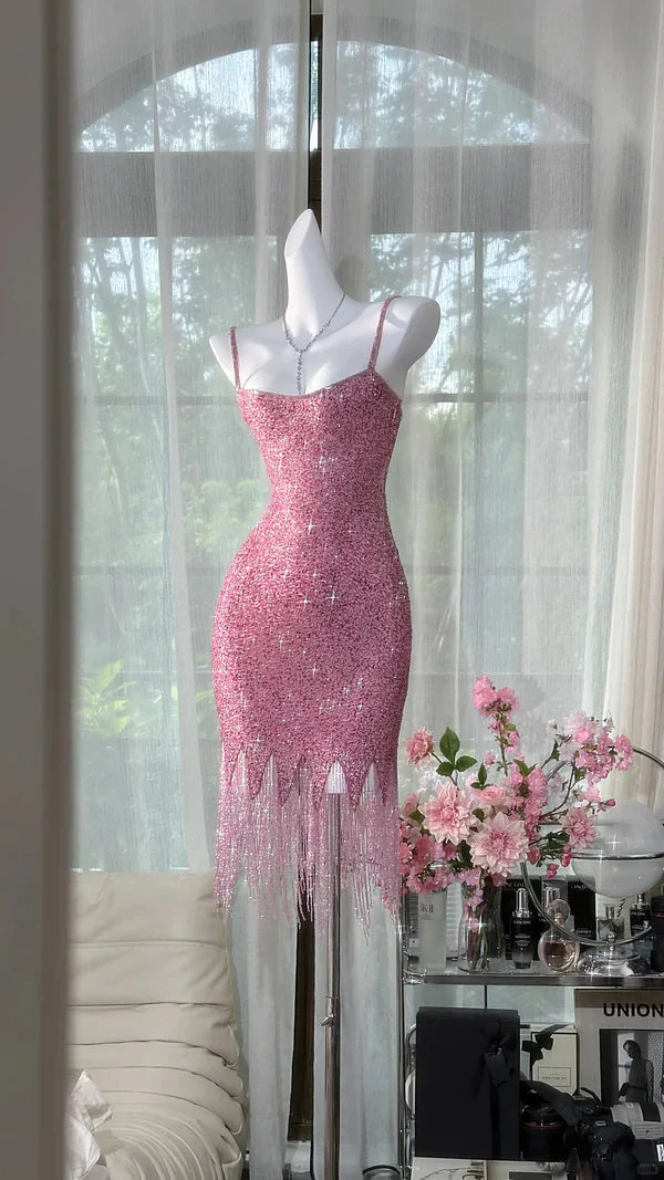 Sparkly Pink Mermaid Spaghetti Straps Sequin Tassel Short Homecoming Dress 19th Birthday Outfits