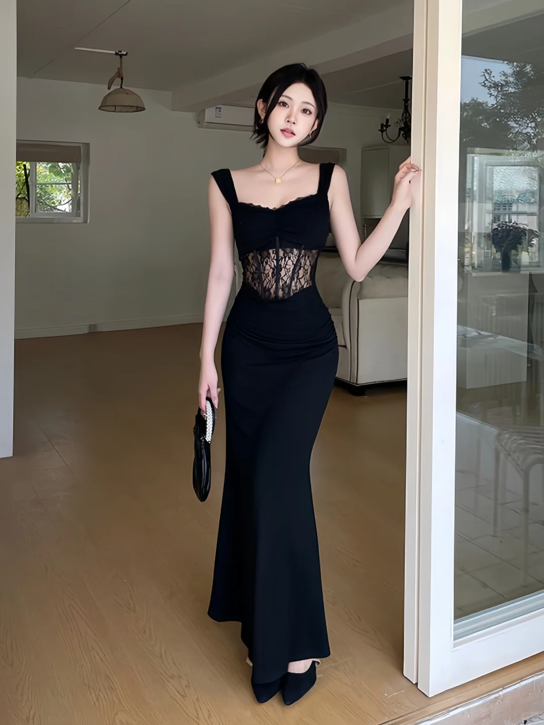 Classy Mermaid Sweetheart Black Satin Lace Long Prom Dresses Formal Dress