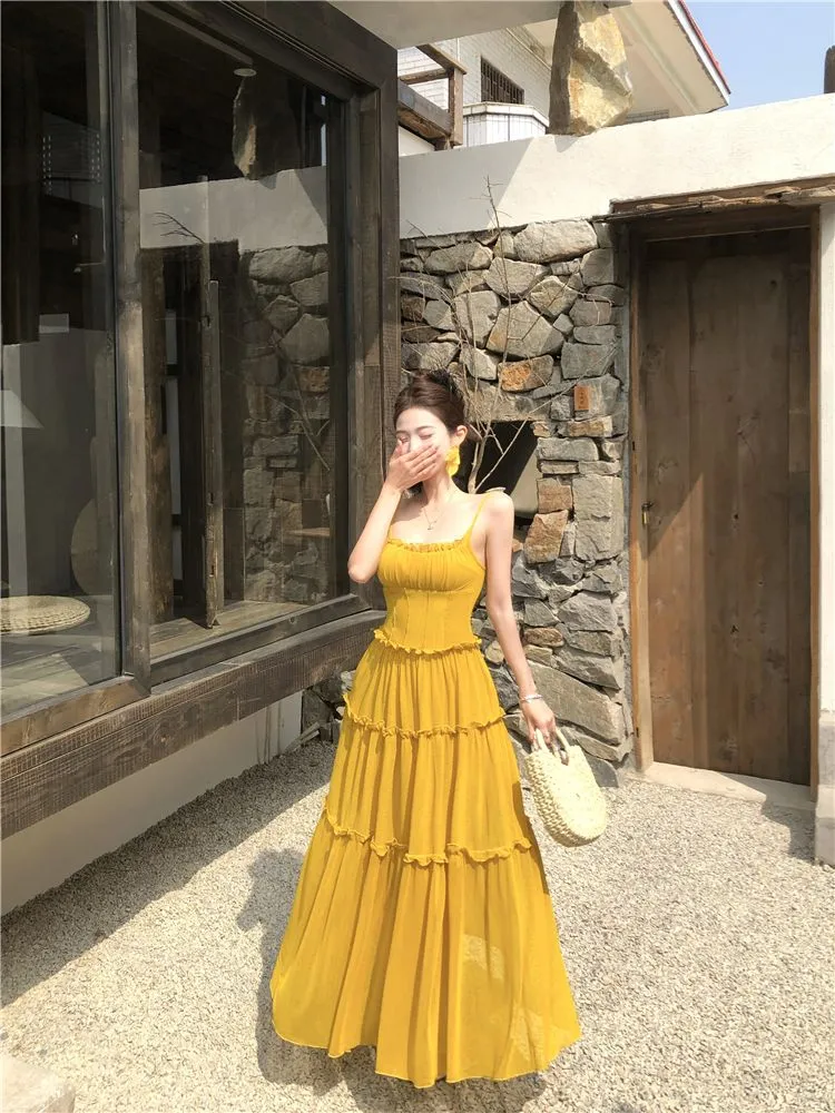 Yellow A Line Spaghetti Straps Satin Long Prom Dresses Formal Dress