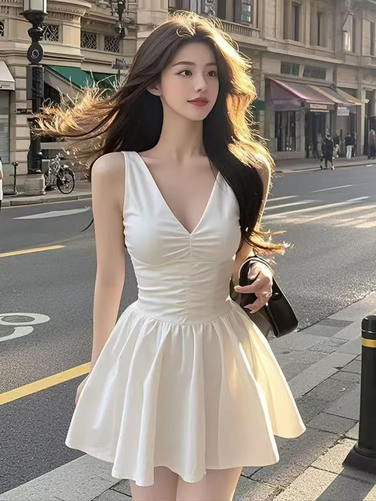 Cute A Line V Neck White Satin Pleated Short Homecoming Dress 19th Birthday Outfits