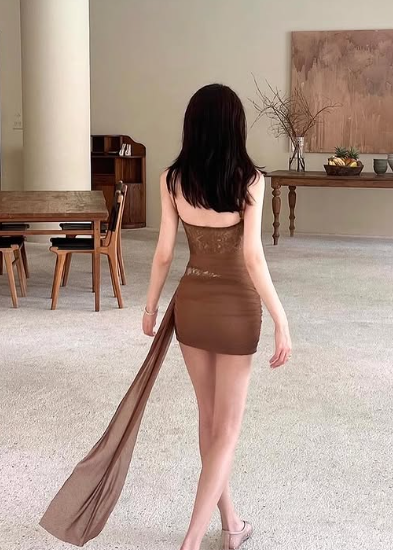 Unique Mermaid Spaghetti Straps Brown Chiffon Lace Short Homecoming Dress 17th Birthday Outfits