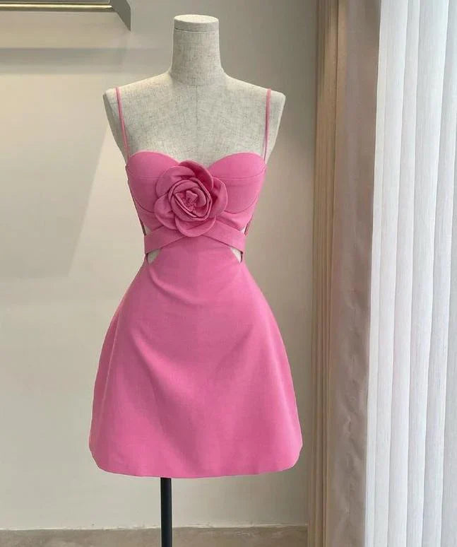 Pretty A Line Spaghetti Straps Satin Flower Short Homecoming Dress 18th Birthday Outfits