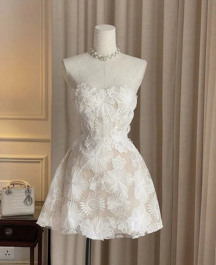 Cute A Line Strapless Satin Lace Short Homecoming Dress 18th Birthday Outfits
