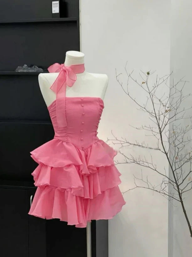 Pretty A Line Strapless Satin Tiered Short Homecoming Dress 16th Birthday Outfits