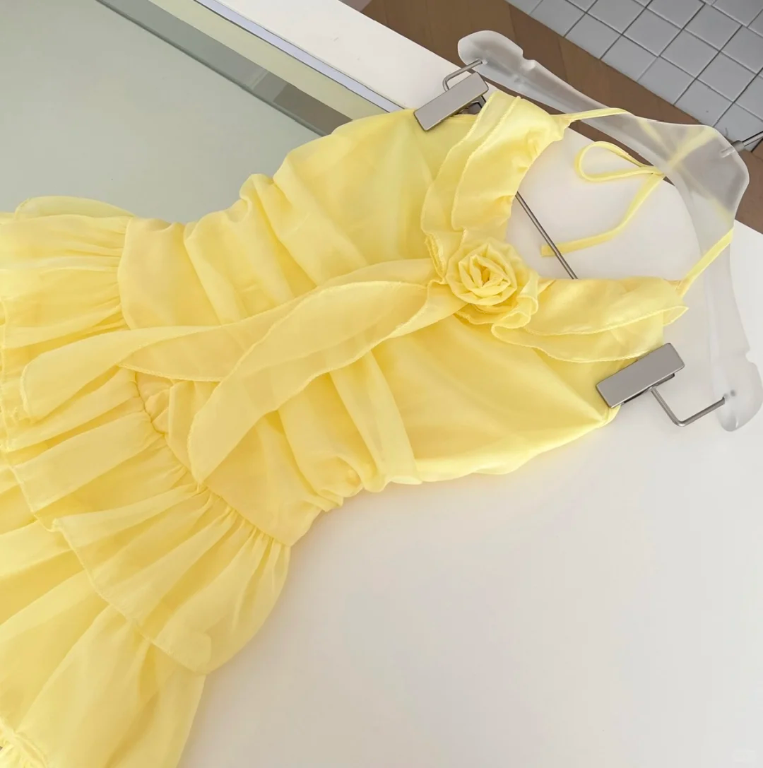Yellow A Line Halter Chiffon Tiered Short Homecoming Dress 19th Birthday Outfits