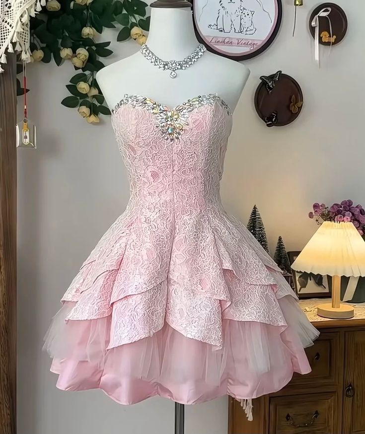 Sweet 16th Pink A Line Sweetheart Satin Tulle Lace Beads Short Homecoming Dress Birthday Outfits