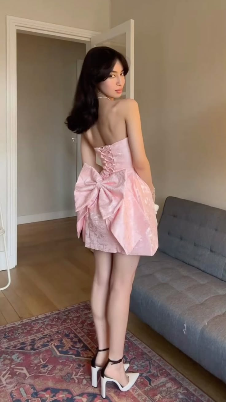 Chic Pink A Line Strapless Satin Back With Bow Short Homecoming Dress 19th Birthday Outfits