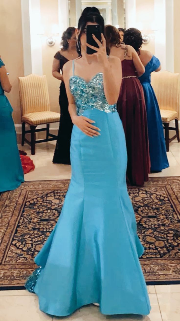 Unique Mermaid Sapghetti Straps Blue Satin Tulle Sequin Long Prom Dresses Formal Dress