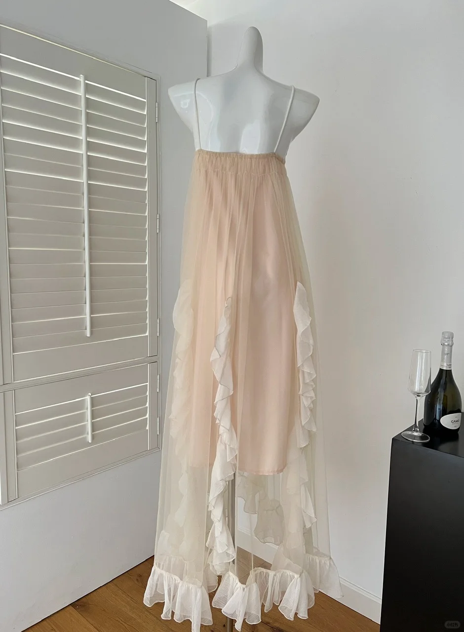 Princess A Line Spaghetti Straps Chiffon Tulle Ruffles Long Prom Dresses Formal Dress